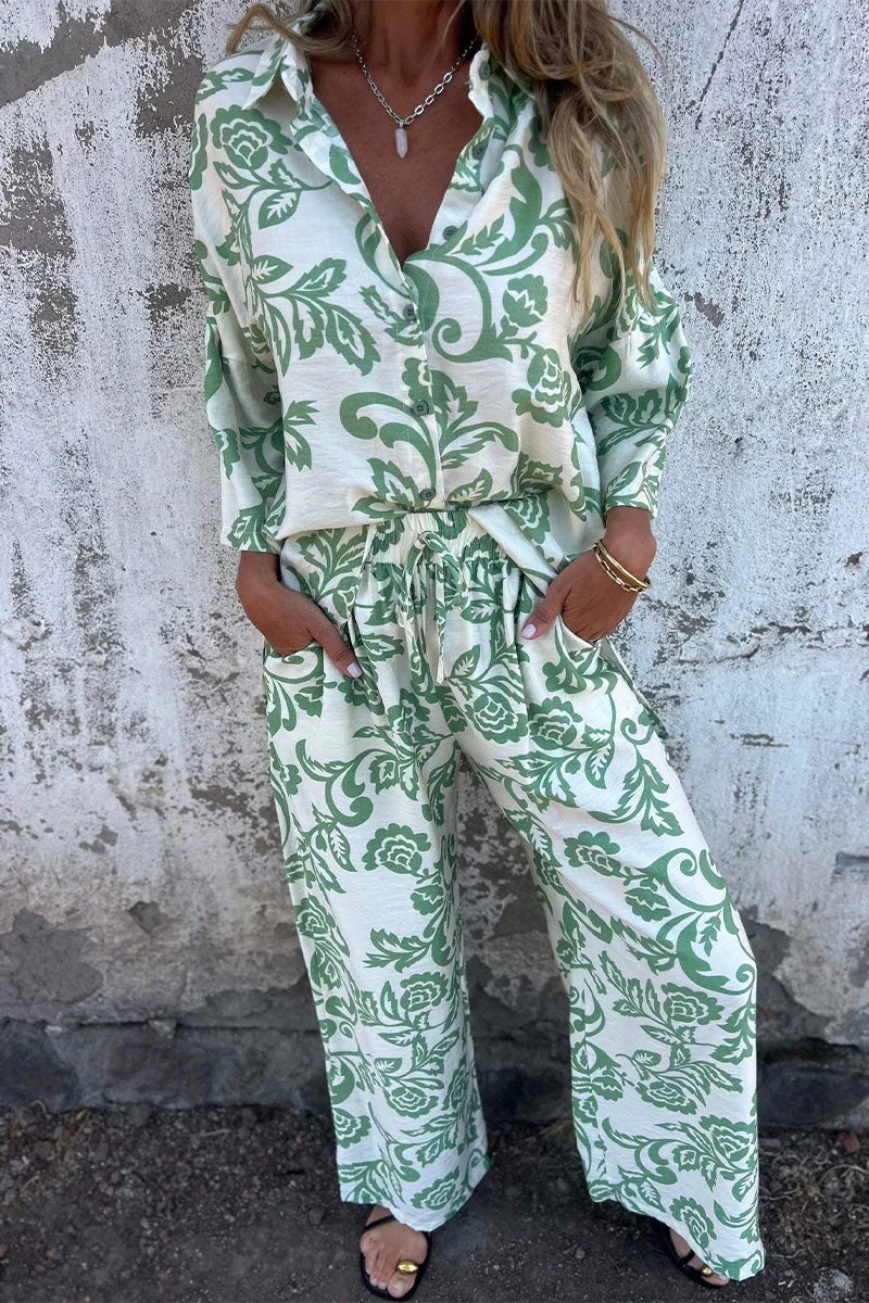 Casual Floral Print Pocket Contrast Turndown Collar Three Quarter Two Pieces - Panekey