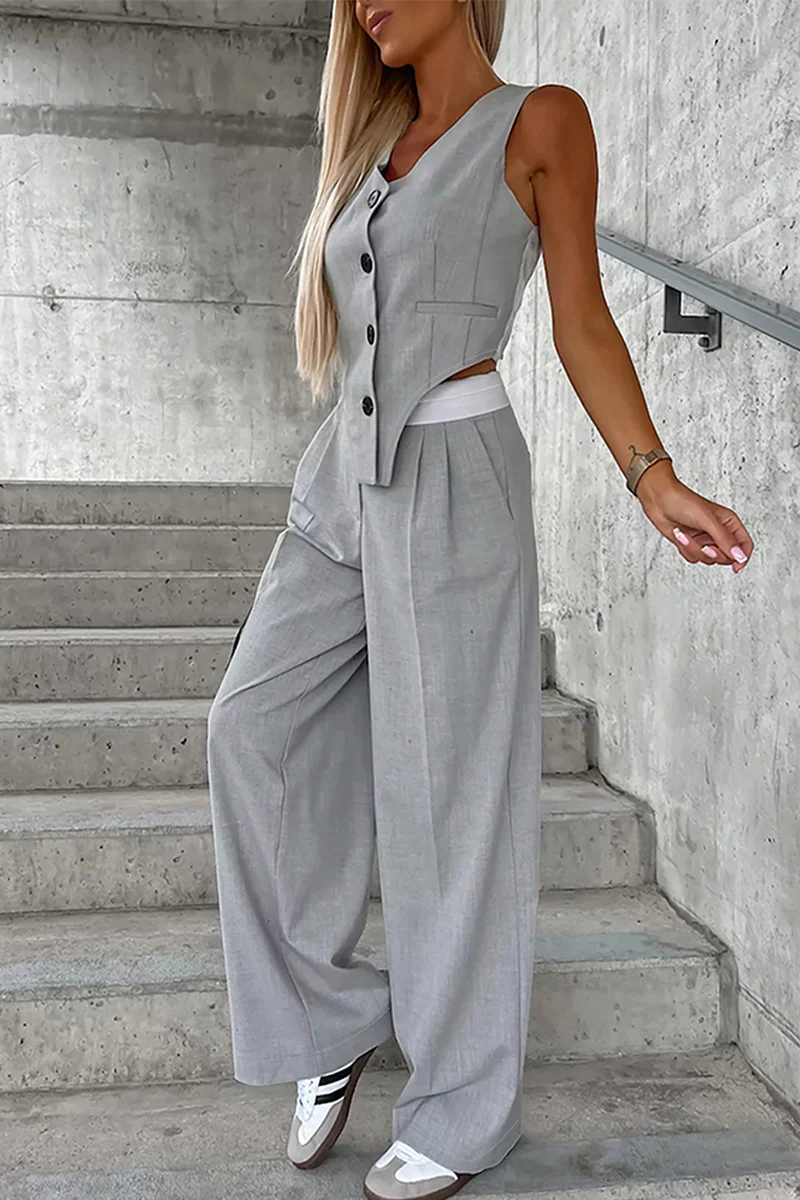 Casual British Style Solid Pocket Buckle V Neck Sleeveless Two Pieces - Panekey