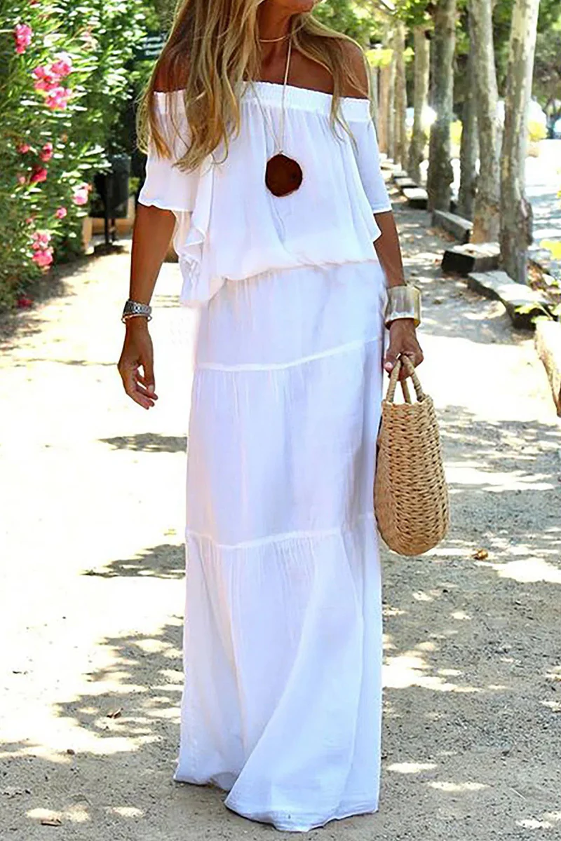 Casual Daily Solid Off the Shoulder Beach Dress Short Sleeve Dress(3 Colors) - Panekey