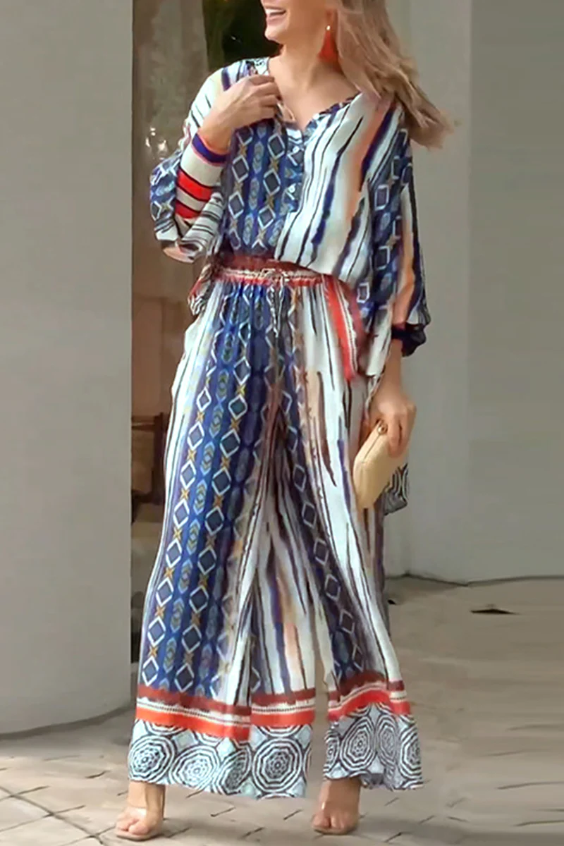 Casual Geometric Printing V Neck Two Pieces - Panekey