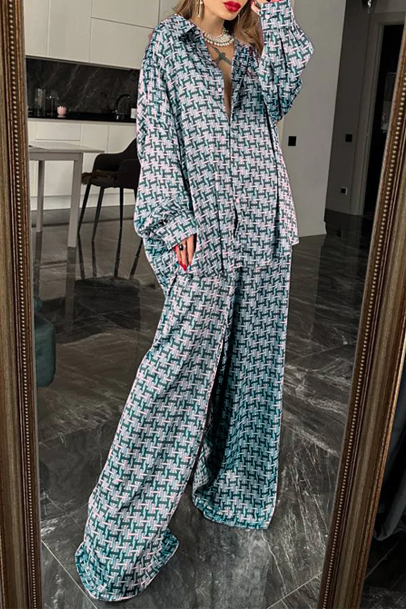 Casual Daily Geometric Print Contrast Turndown Collar Long Sleeve Two Pieces - Panekey