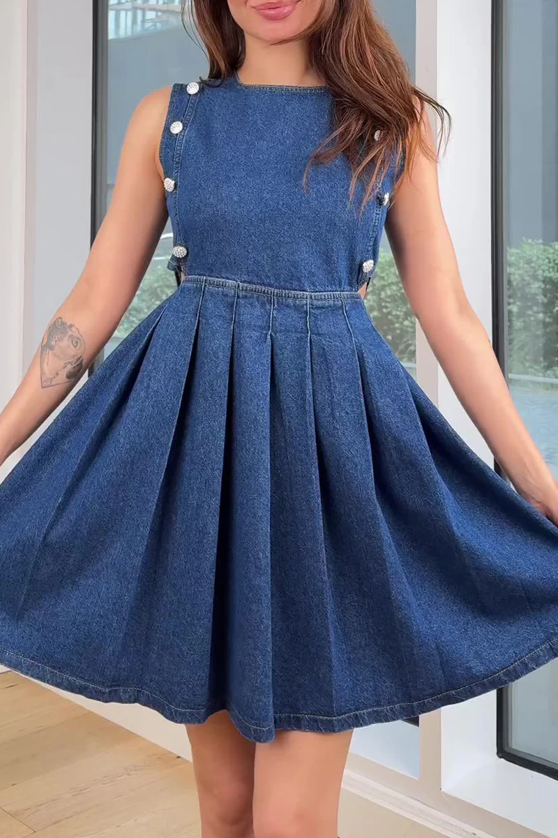 Casual Hollow Out Ruched Zipper O Neck Sleeveless Denim Dresses - Panekey