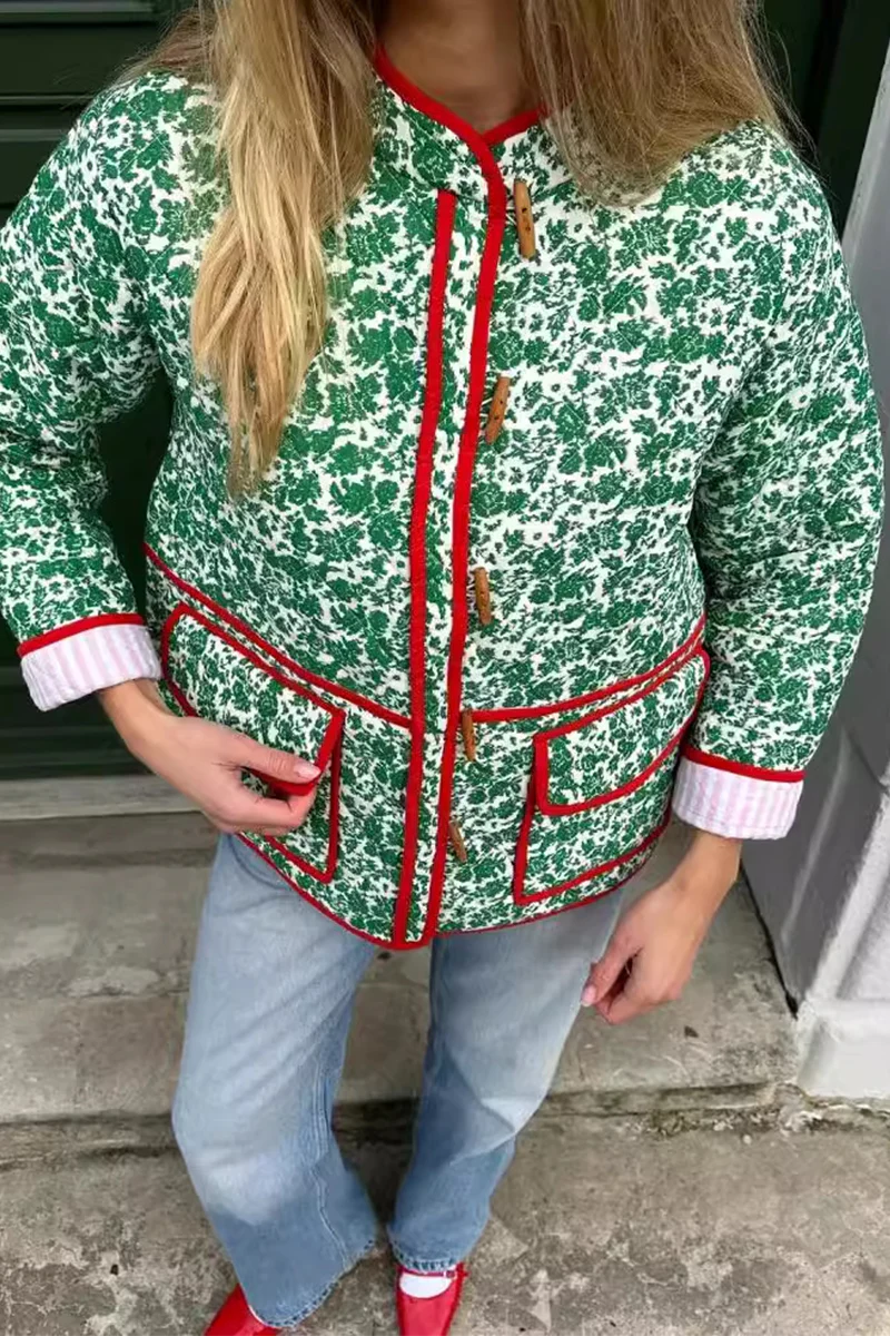 Casual Flowers Print Pocket Patchwork Contrast O Neck Outerwear - Panekey