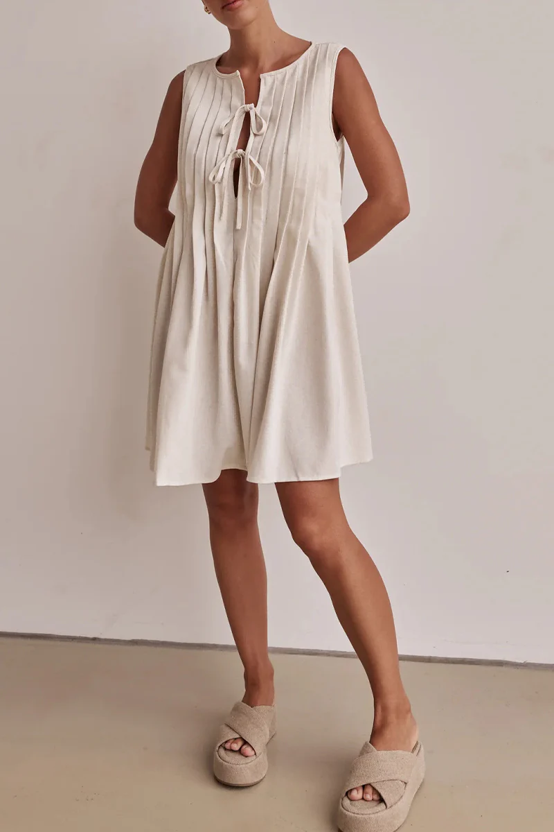 Casual Daily Lace Up Pleated O Neck Pleated Dresses(4 Colors) - Panekey