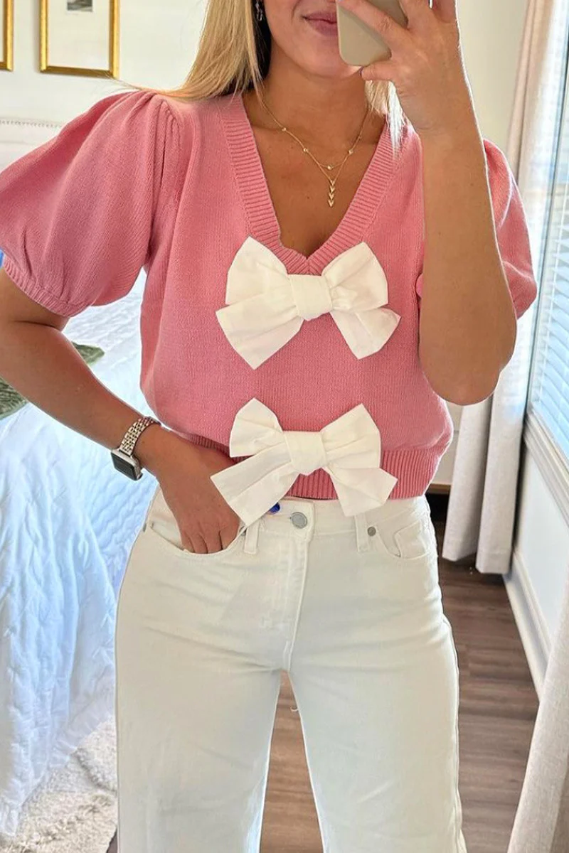 Casual Daily Solid Color Bow Decor V Neck Tops - Panekey
