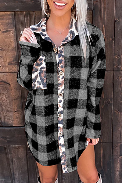 Casual Plaid Leopard Buckle Turndown Collar Tops - Panekey