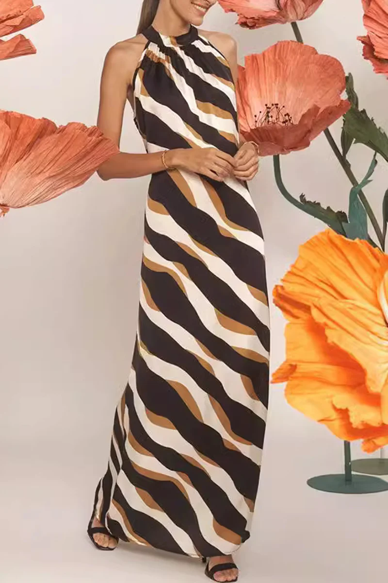 Casual Daily Striped Print Lace Up Contrast Halter One Step Skirt Dresses - Panekey