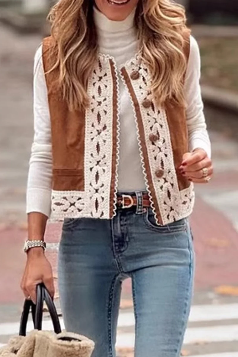 Casual Lace Patchwork O Neck Waistcoats - Panekey