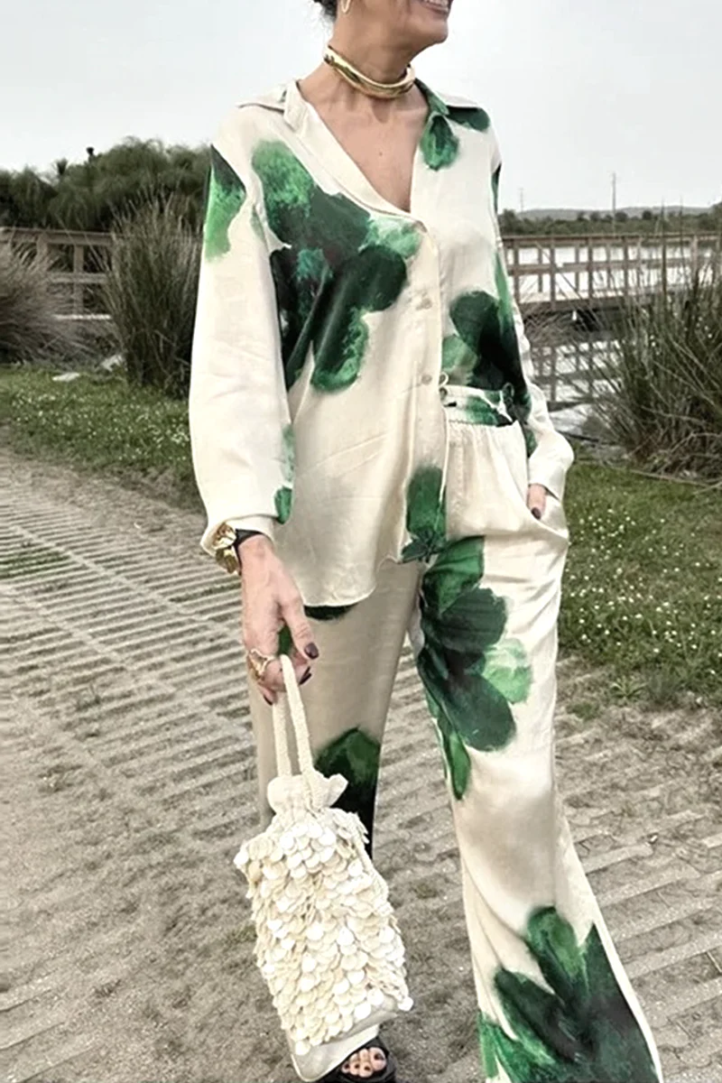 Casual Flowers Print Pocket Turndown Collar Long Sleeve Two Pieces - Panekey