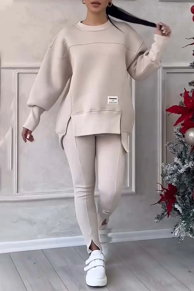 Casual Daily Letter Print Patchwork Slit O Neck Long Sleeve Two Pieces(6 Colors) - Panekey