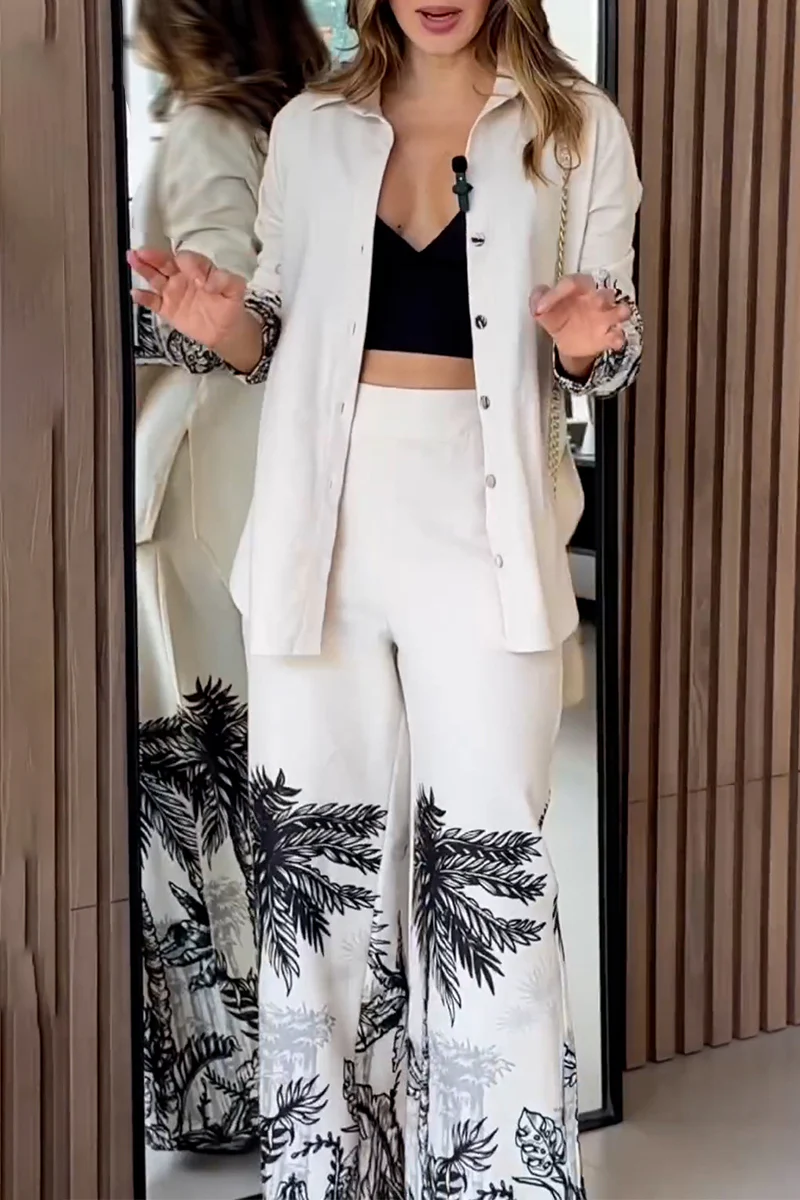 Casual Landscape printing Buttons Turndown Collar Long Sleeve Two Pieces - Panekey