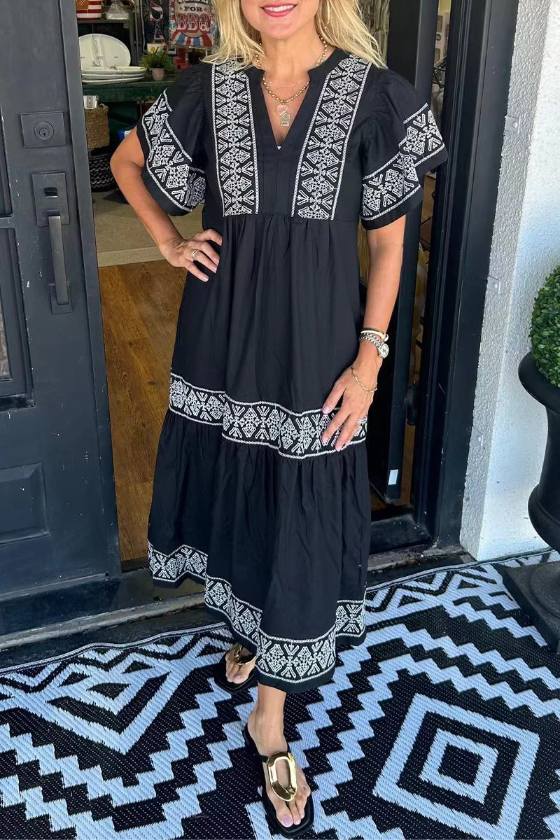 Casual Geometric Print Patchwork V Neck A Line Short Sleeve Dress(7 Colors) - Panekey