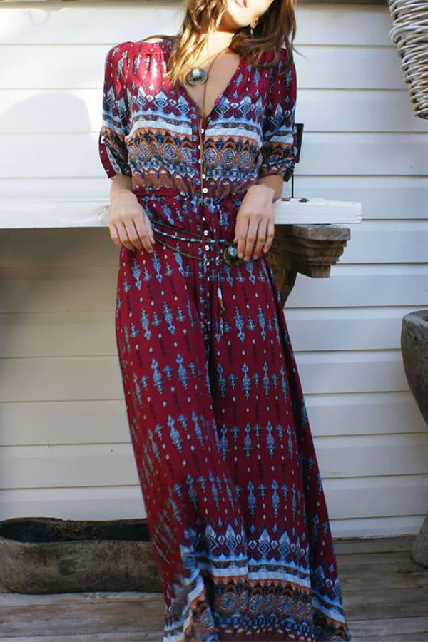 Bohemian Print Buckle Slit V Neck Dresses(7 Colors) - Panekey