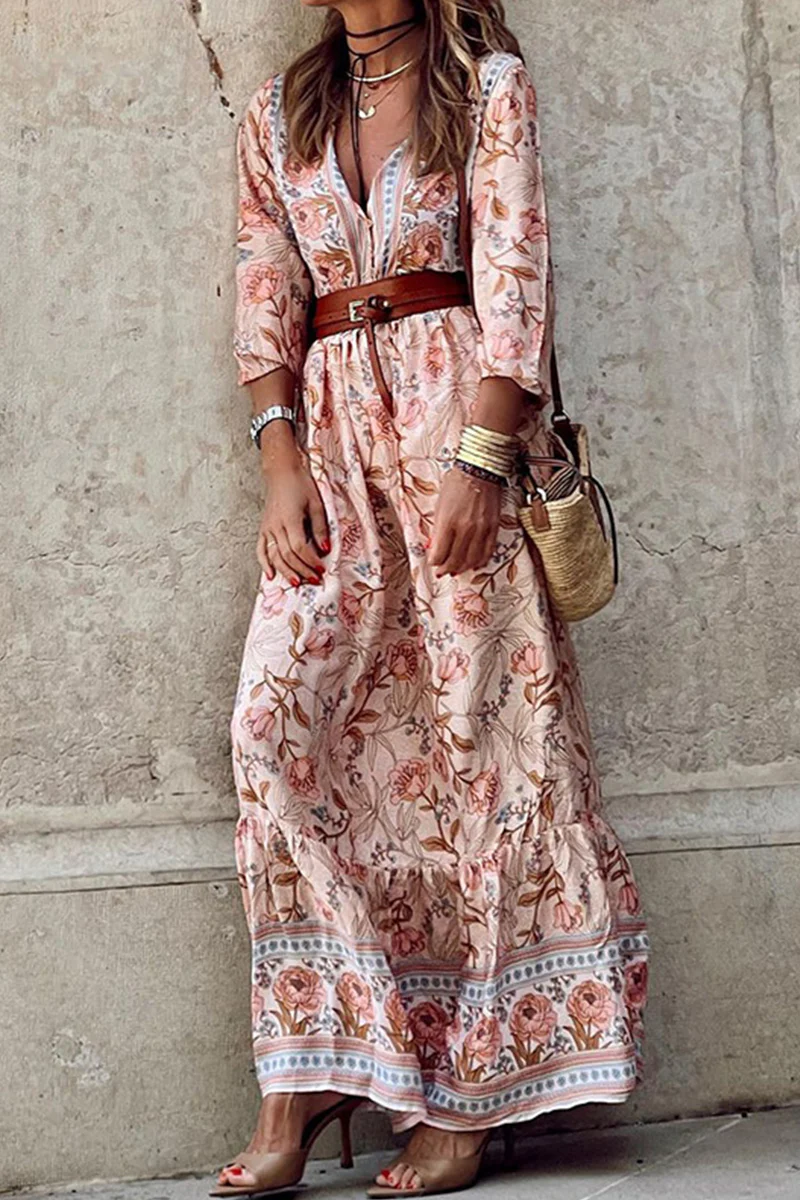 Bohemian Floral With Belt V Neck A Line Dresses - Panekey