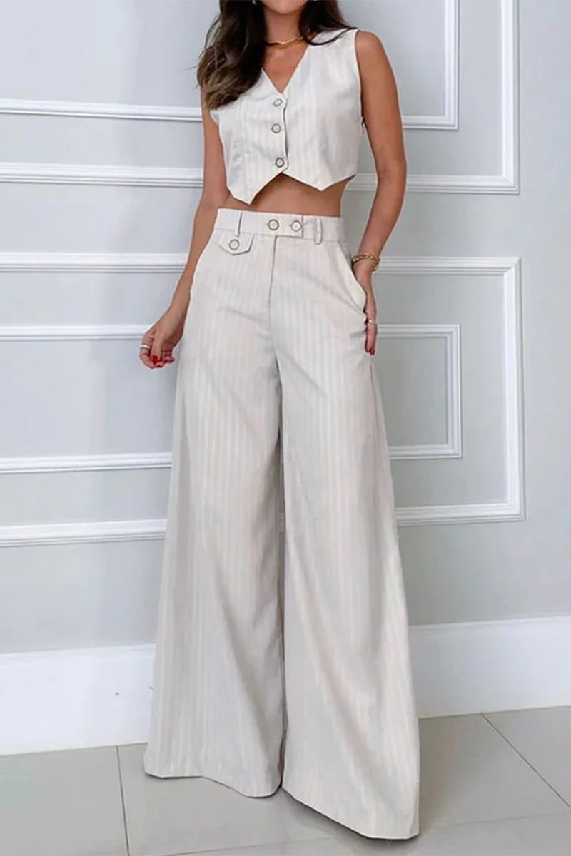British Style Simplicity Striped Pocket Buttons V Neck Sleeveless Two Pieces - Panekey
