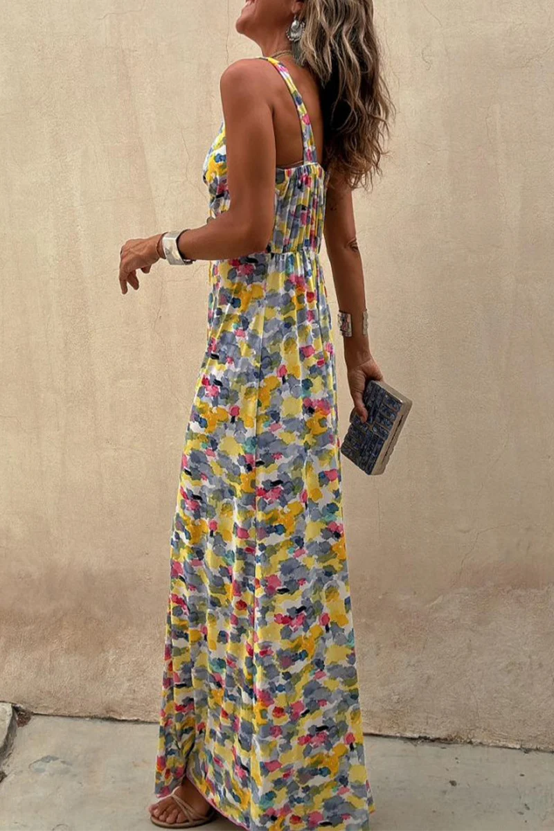 Casual Geometric Print Contrast V Neck One Step Skirt Dresses - Panekey