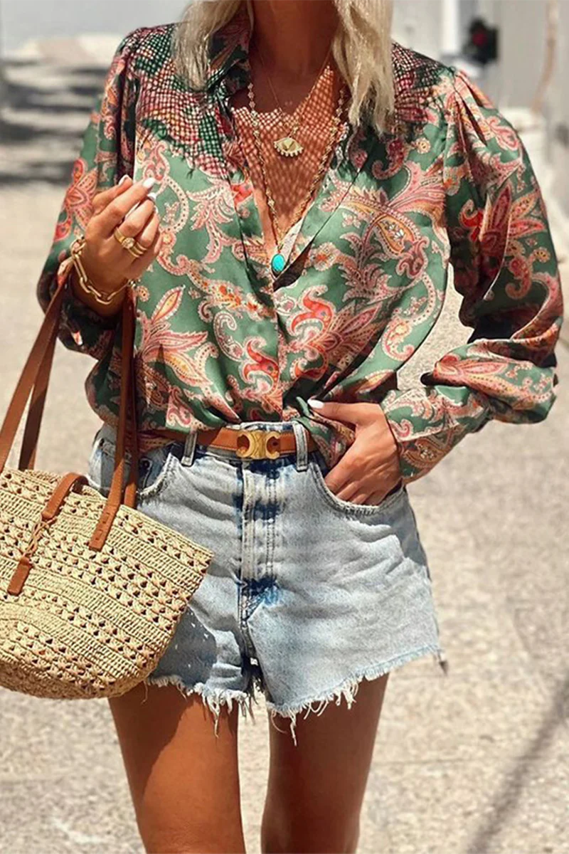 Casual Floral Print Contrast Turndown Collar Blouses - Panekey