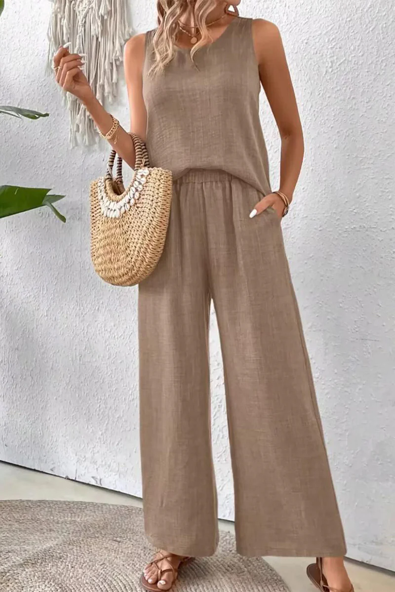 Casual Daily Solid Color Lace Hollow Out O Neck Sleeveless Two Pieces(6 Colors) - Panekey