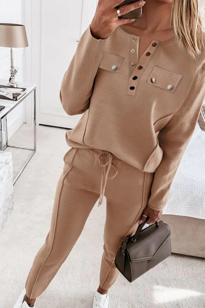 Casual Buckle Solid Color V Neck Long Sleeve Two Pieces(3 Colors) - Panekey