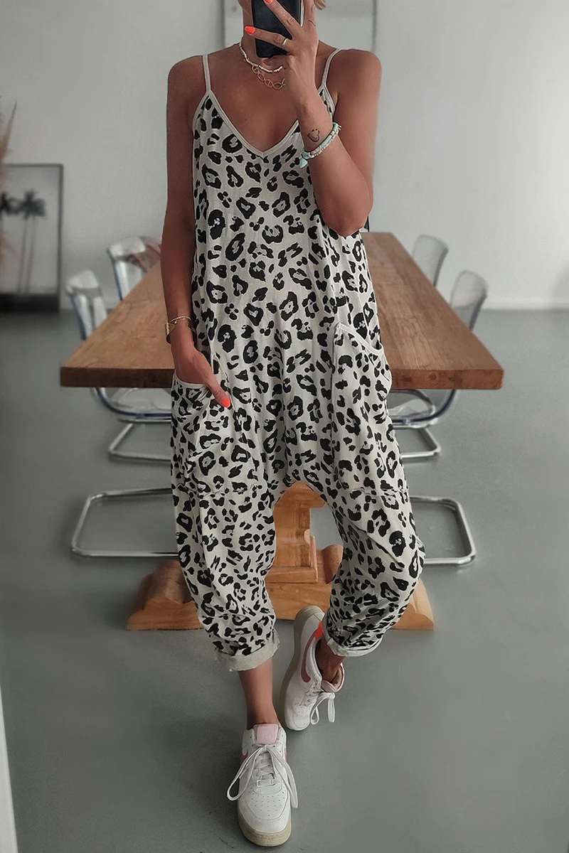 Casual Leopard Pocket Printing V Neck Loose Jumpsuits - Panekey