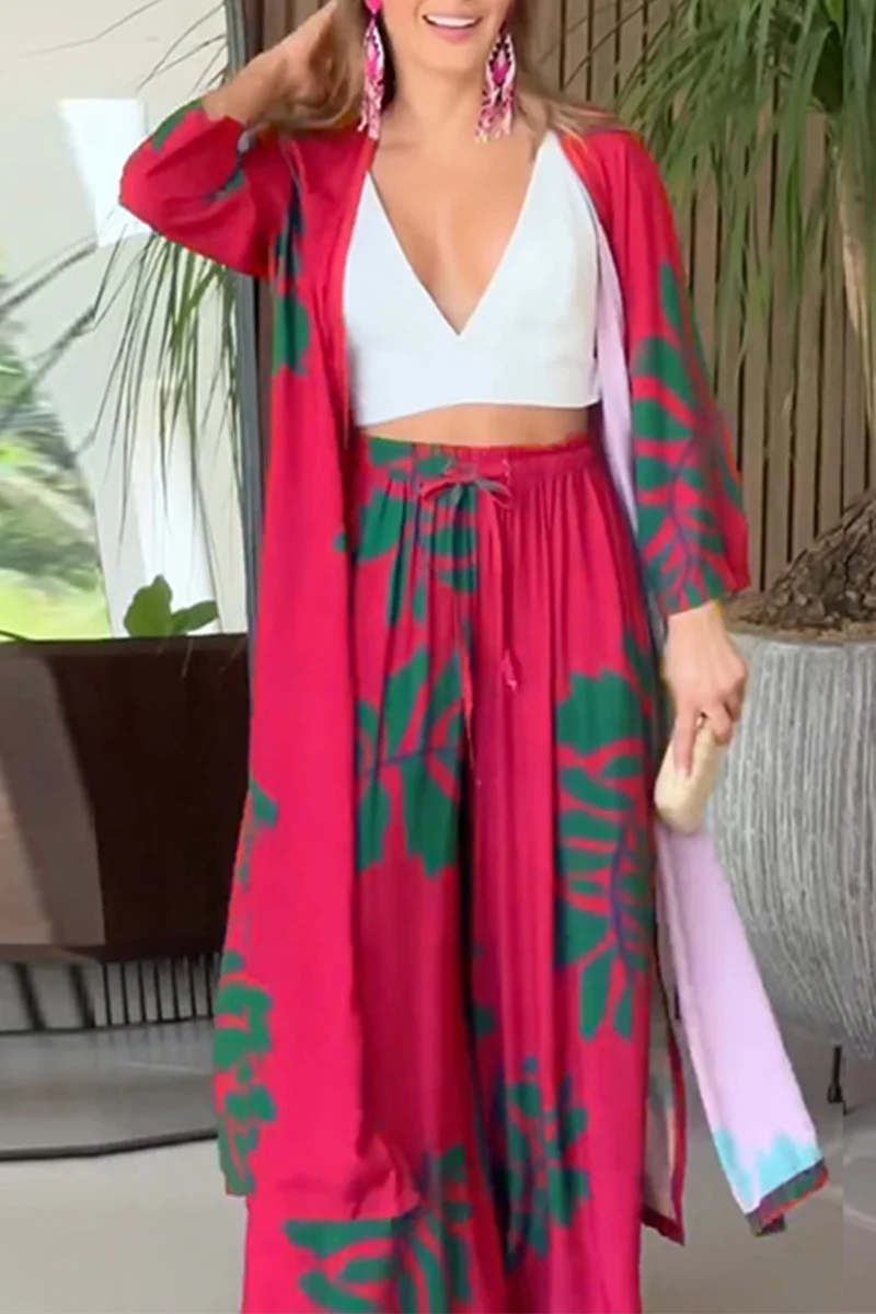 Casual Floral Pocket Cardigan Collar Long Sleeve Two Pieces - Panekey