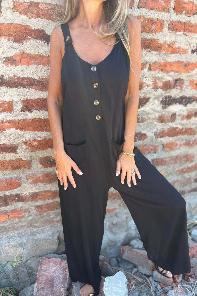 Casual Pocket Buttons Backless U Neck Boot Cut Jumpsuits(3 Colors) - Panekey