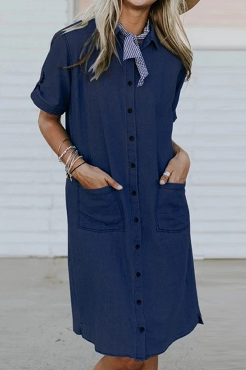 Casual Pocket Buckle Turndown Collar Dresses - Panekey