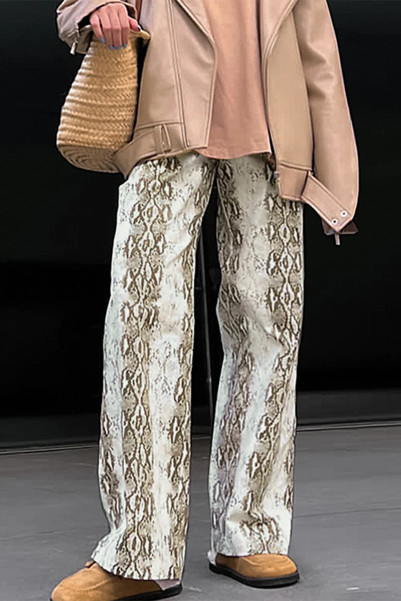 Casual Animal Print Print Contrast Loose High Waist Straight Full Print Bottoms - Panekey