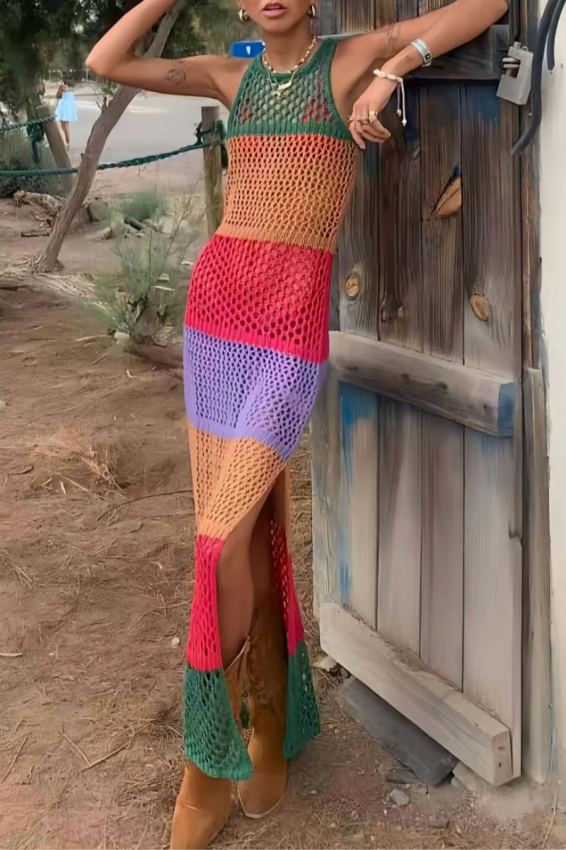 Casual Patchwork Hollowed Out See-through Slit O Neck Long Dresses - Panekey