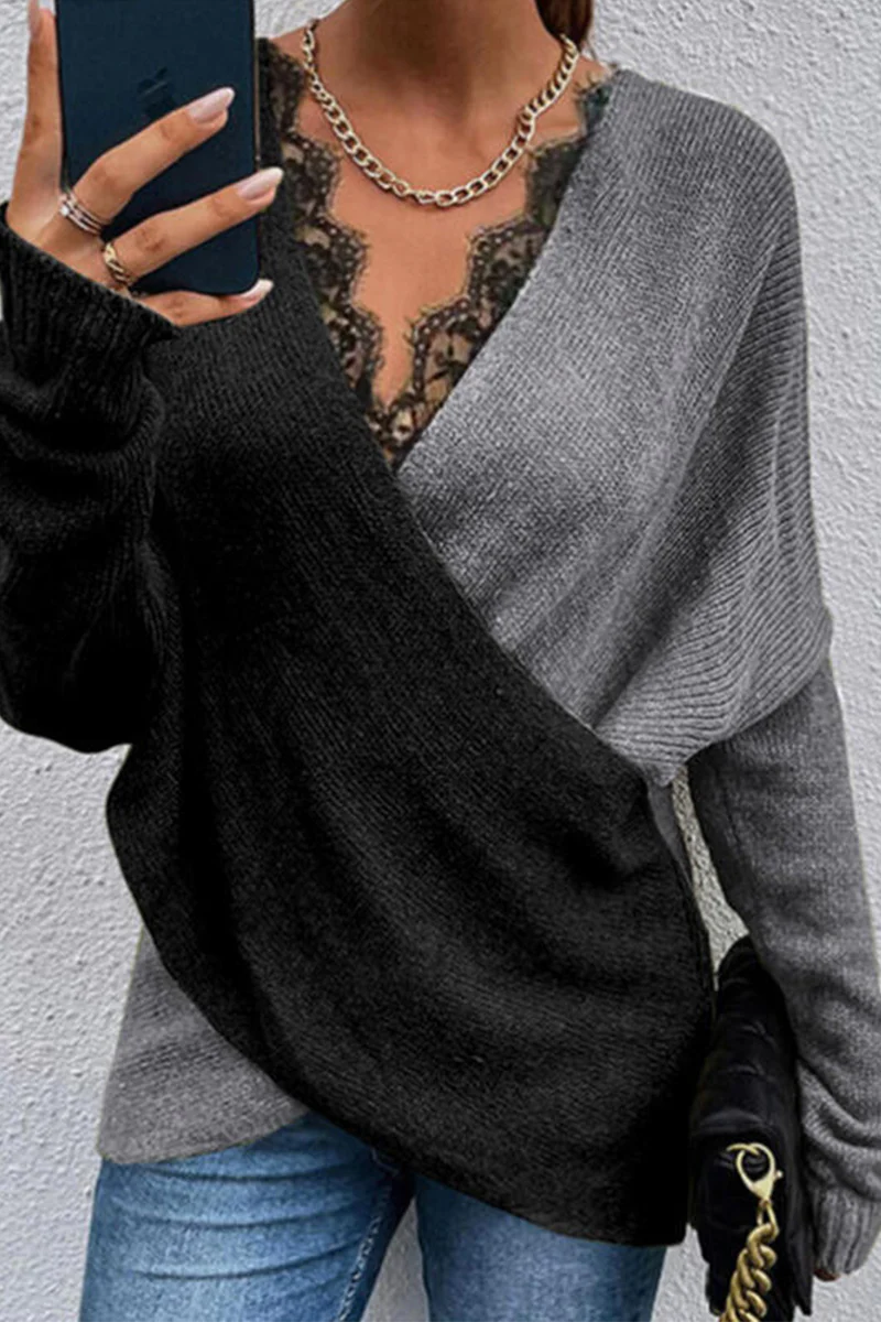 Casual Patchwork Lace Contrast V Neck Sweaters(3 Colors) - Panekey