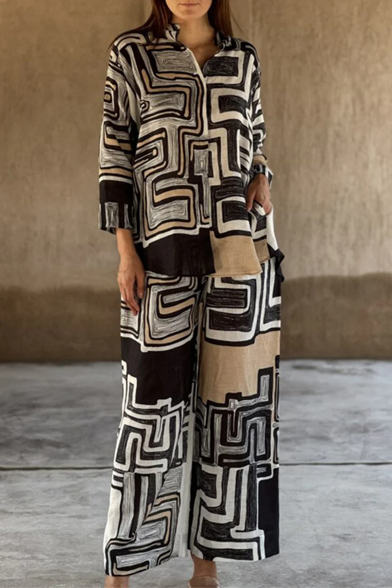 Casual Geometric Print Distressed Pocket Mandarin Collar Long Sleeve Two Pieces - Panekey