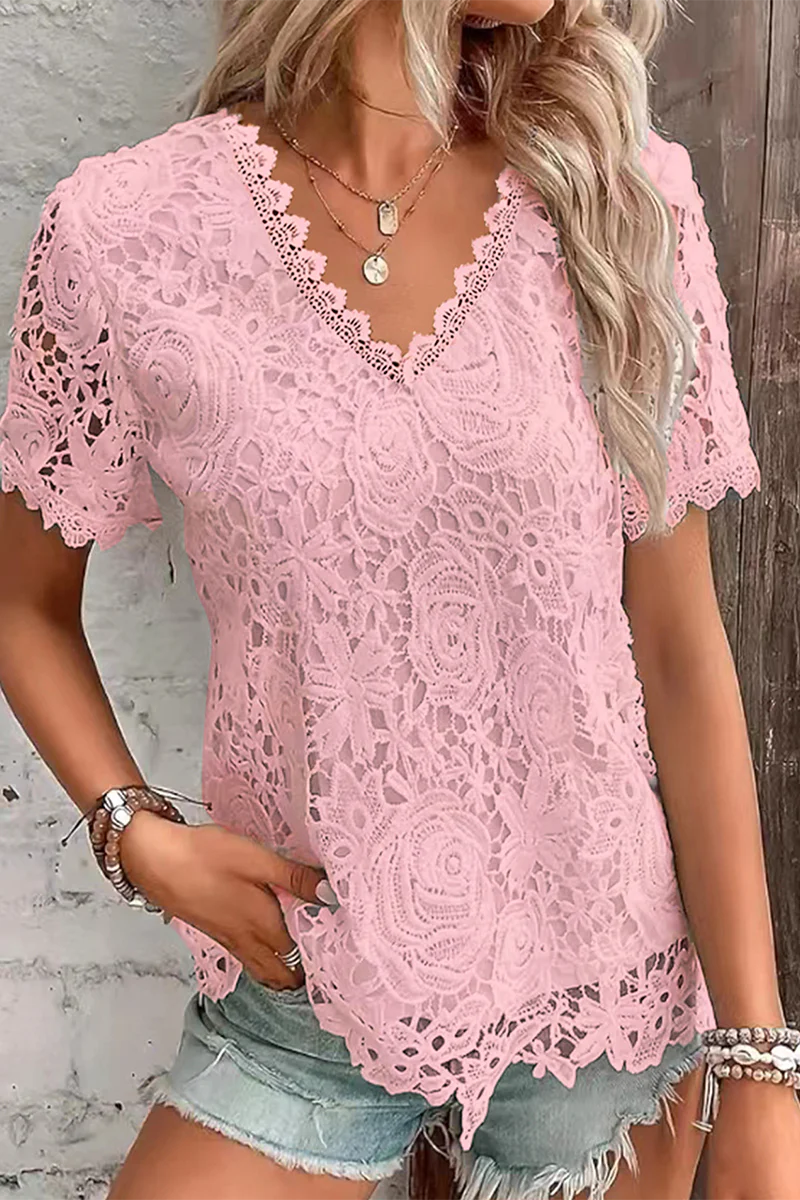 Casual Daily Solid Color Lace V Neck T-Shirts(5 Colors) - Panekey