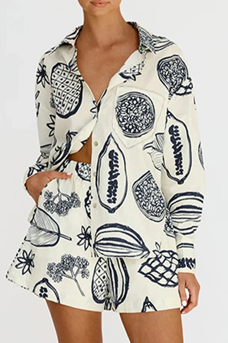 Casual Floral Patchwork Turndown Collar Long Sleeve Two Pieces - Panekey