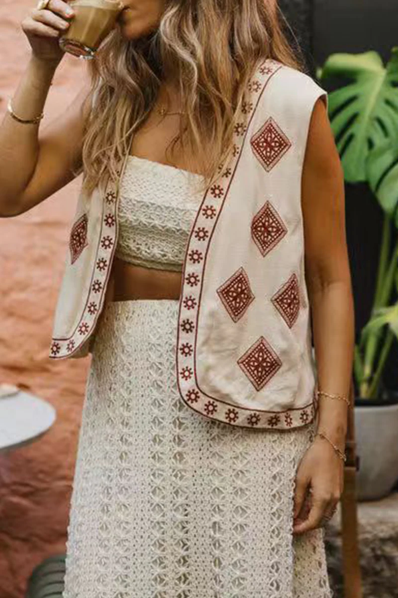 Casual Colorblock Patchwork Embroidery Cardigan Collar Waistcoats - Panekey