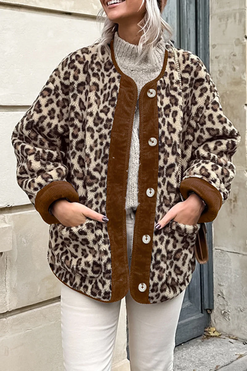 Casual Leopard Pocket Buttons Patchwork O Neck Outerwear - Panekey