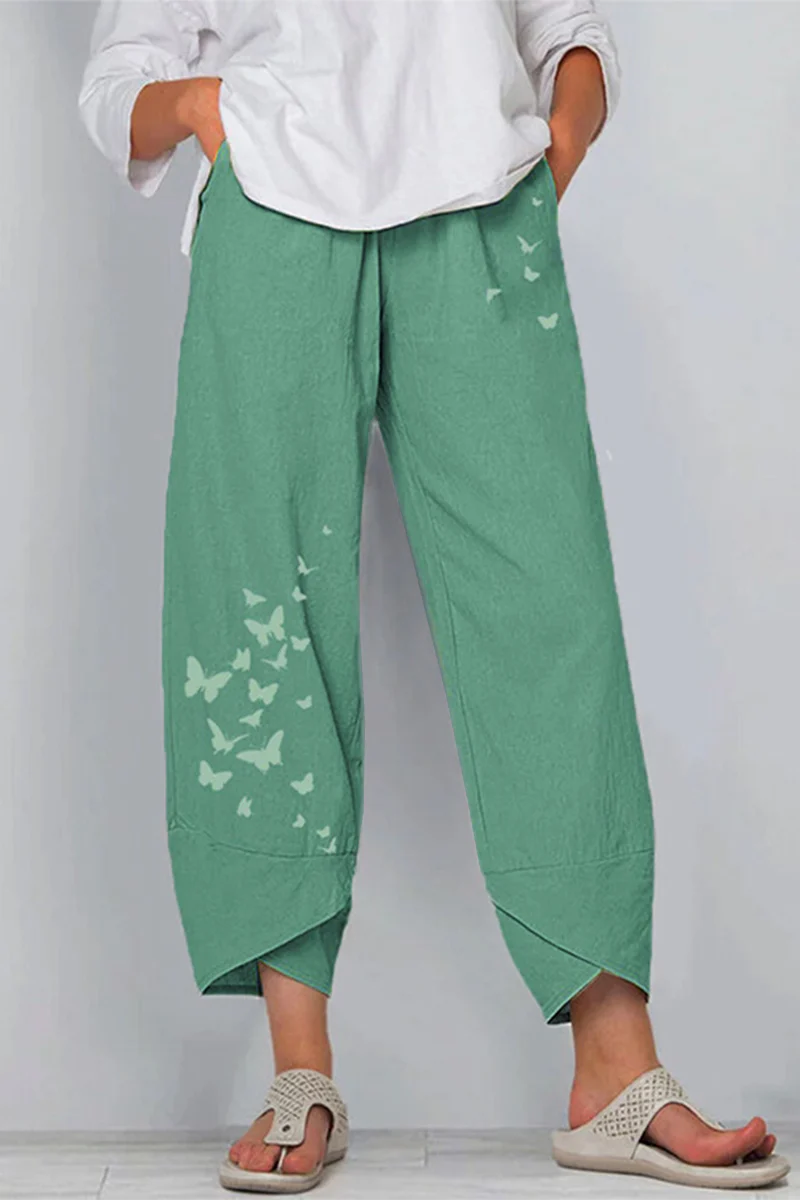 Butterfly Print Capris Loose Mid Waist Wide Leg Positioning Print Bottoms - Panekey