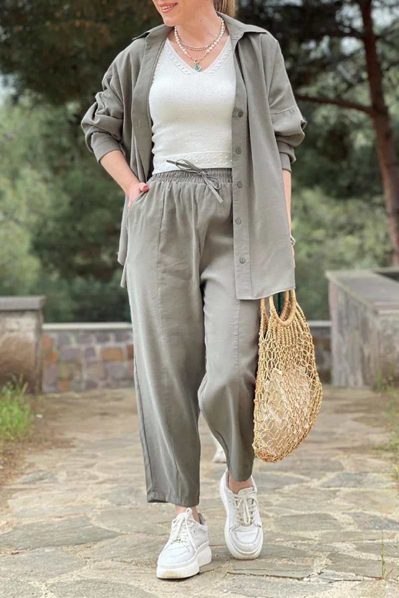 Casual Daily Solid Pocket Frenulum Turndown Collar Long Sleeve Two Pieces - Panekey