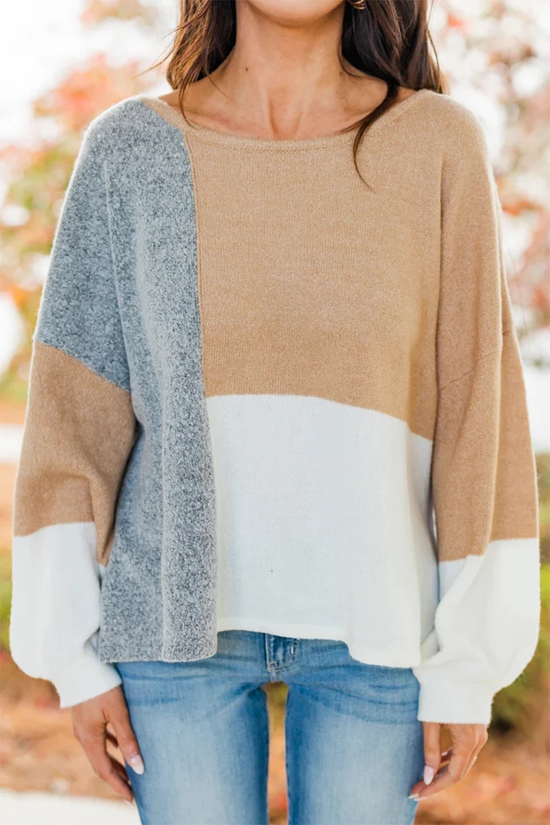 Casual Patchwork  Contrast O Neck Tops Sweater - Panekey