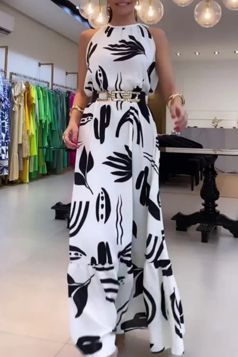 Casual Floral Print Lace Up With Belt O Neck Long Dresses - Panekey