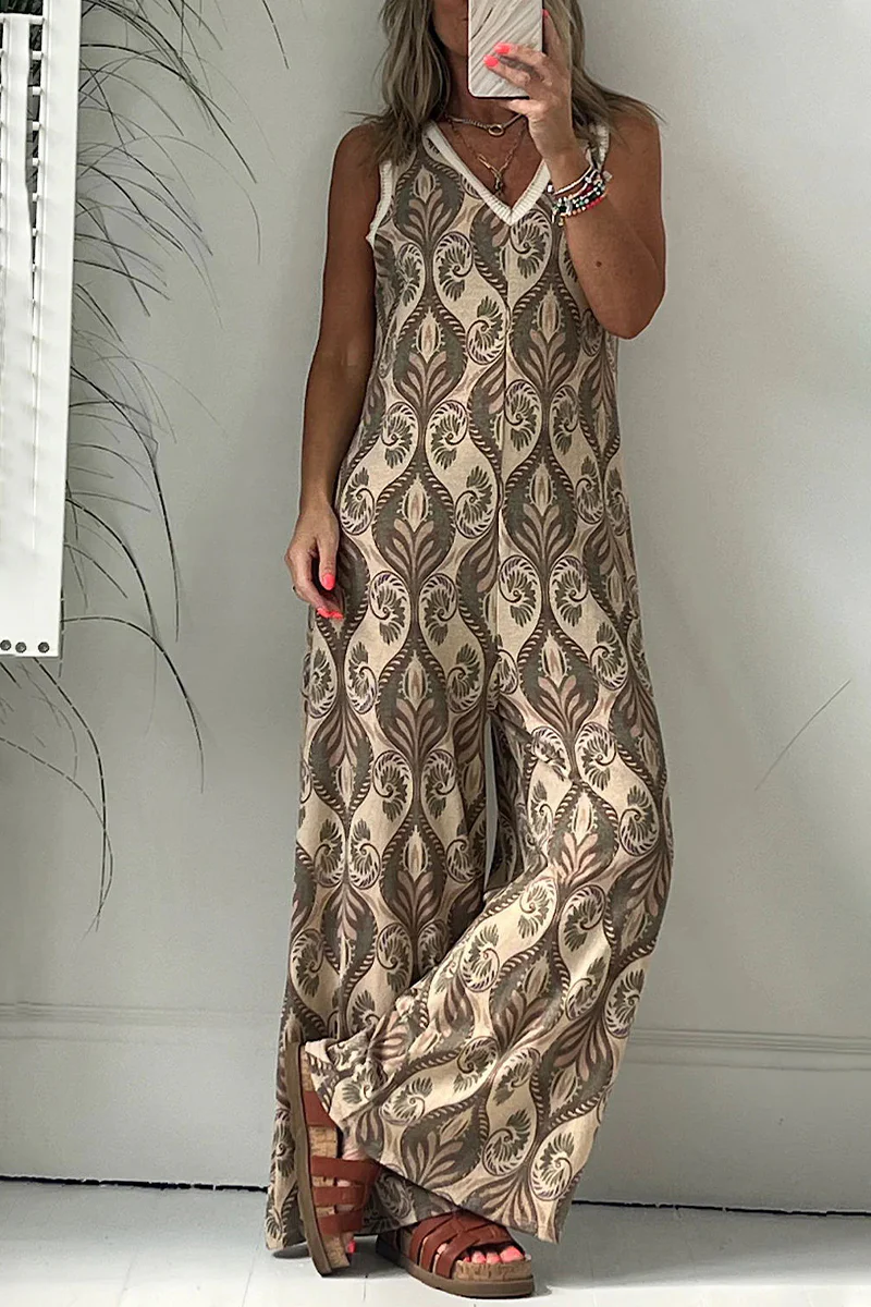 Casual College Geometric Printing V Neck Loose Jumpsuits - Panekey