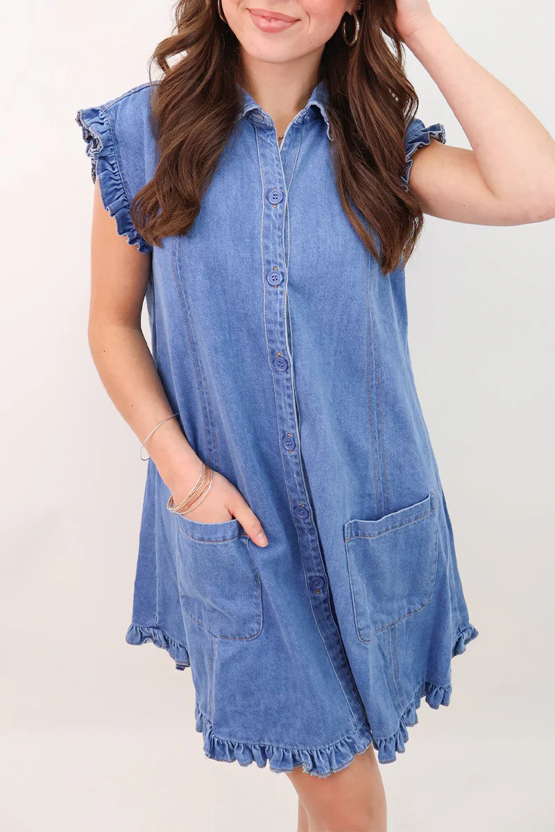 Casual Daily Solid Color Distressed Pocket Ruffle Shirt Collar Short Sleeve Loose Denim Dresses - Panekey