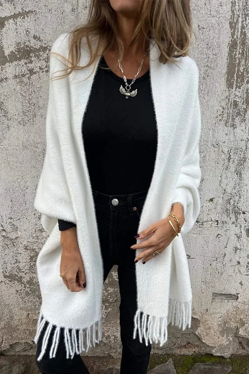 Casual Fringed Trim Fluffy Shawl Collar Outerwear(3 Colors) - Panekey