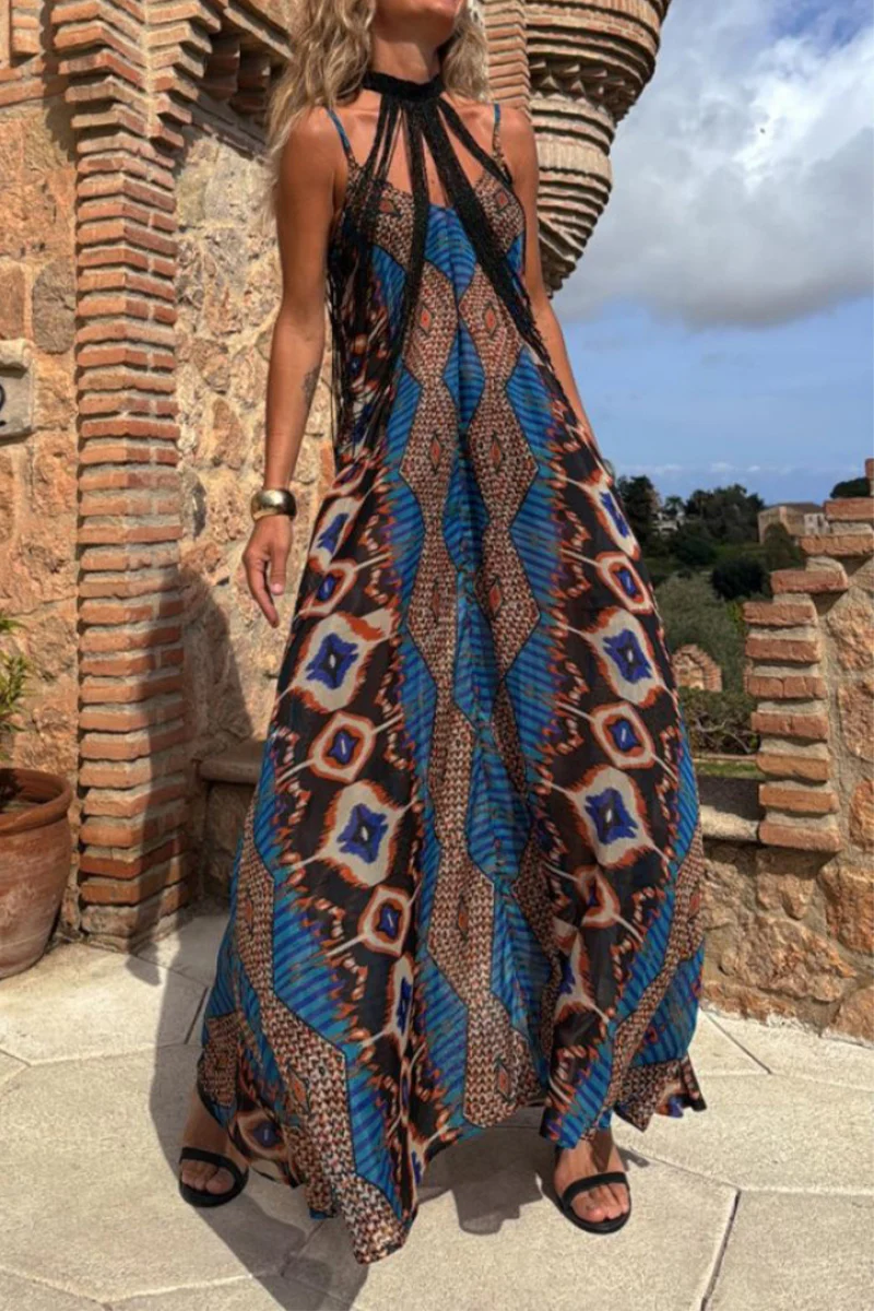 Casual Geometric Print Pocket Contrast V Neck Long Dresses - Panekey