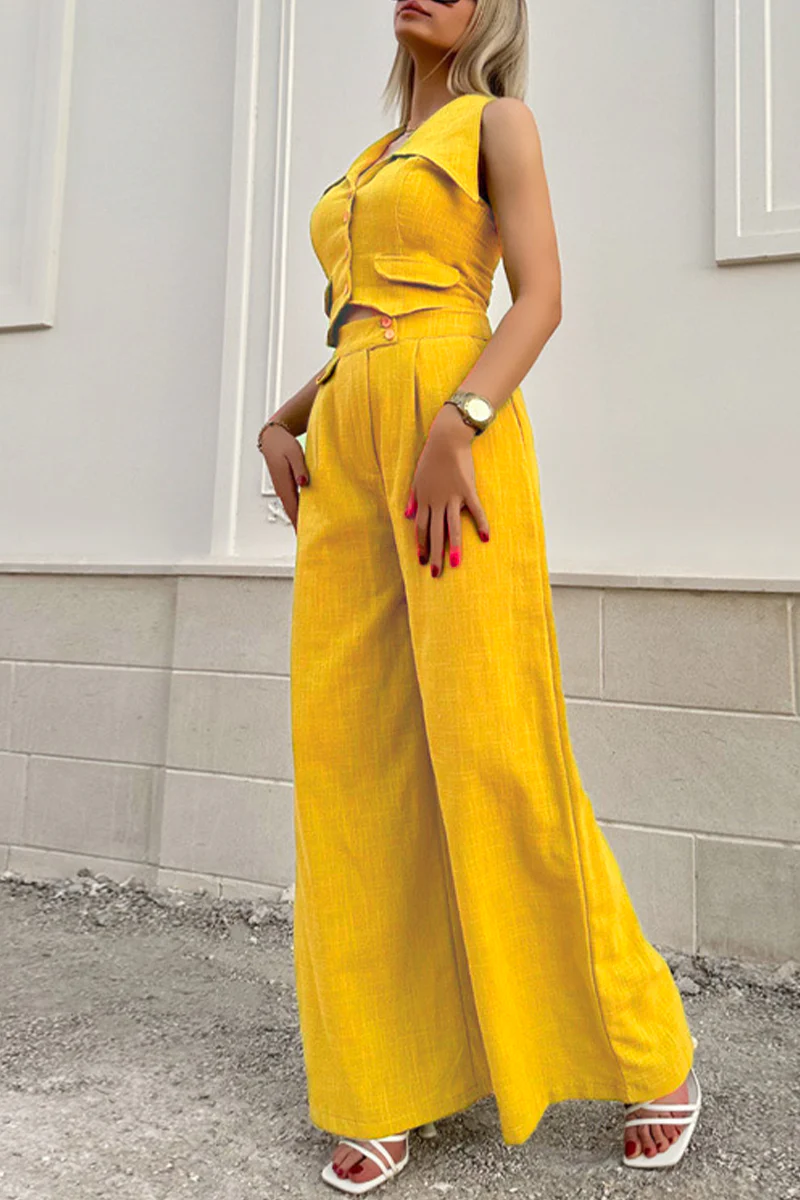 British Style Elegant Solid Pocket Buttons Turndown Collar Sleeveless Two Pieces - Panekey