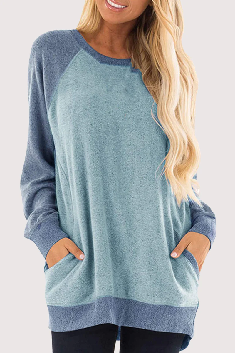 Casual Patchwork Pocket O Neck Tops - Panekey