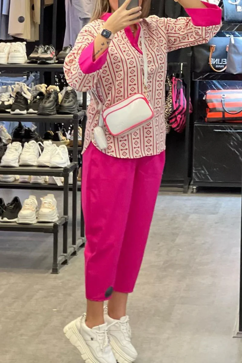 Casual Geometric Printing Half A Turtleneck Long Sleeve Two Pieces - Panekey