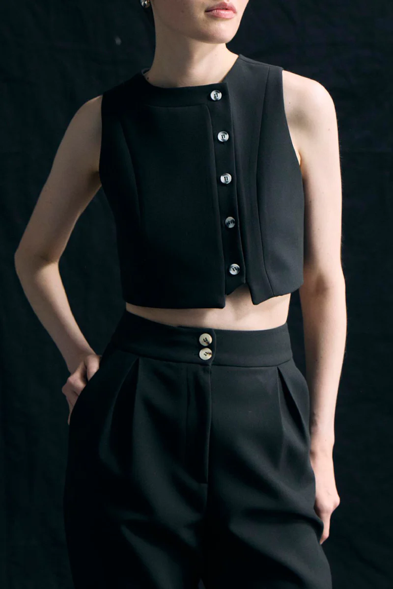 Casual Pocket Buttons O Neck Sleeveless Two Pieces - Panekey