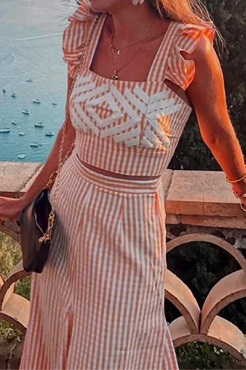 Casual Plaid Geometric Print Ruffle Patchwork Square Neck Two Pieces - Panekey