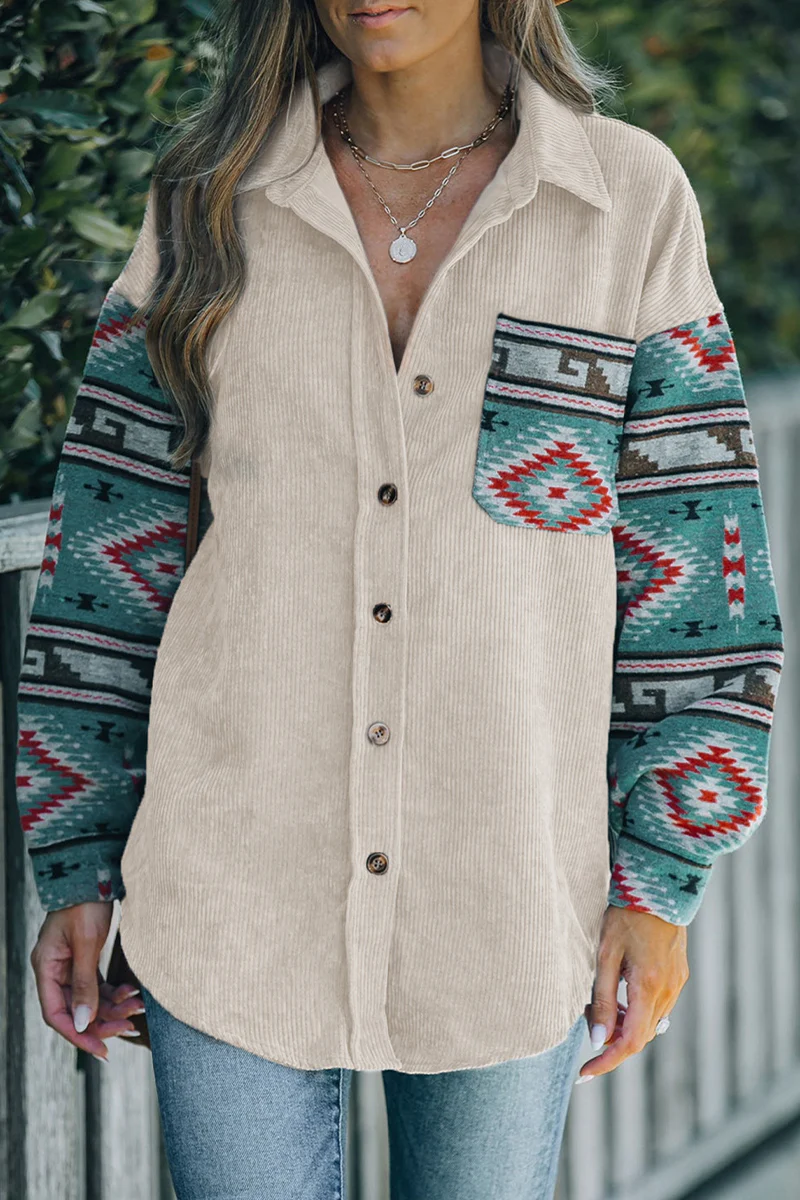 Casual Geometric Print Pocket Patchwork Contrast Turndown Collar Blouses - Panekey