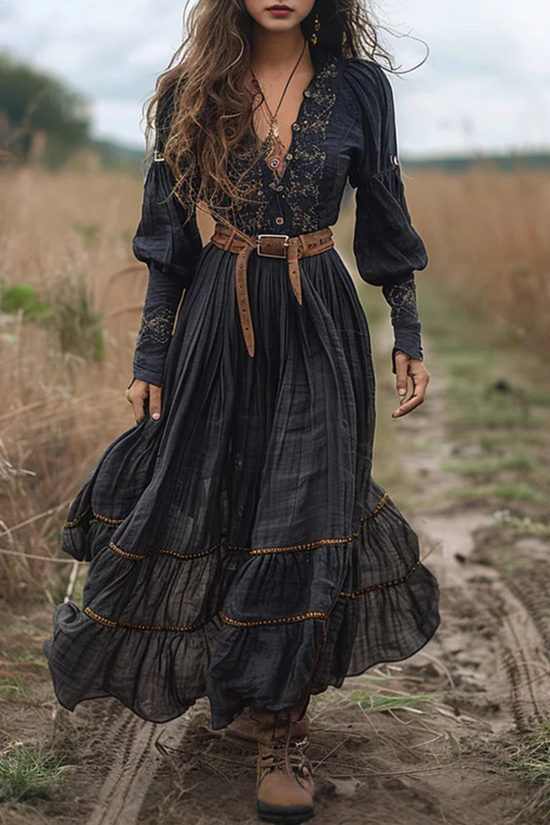 Casual Flowers Embroidered Distressed V Neck A Line Dresses(No waist belt) - Panekey